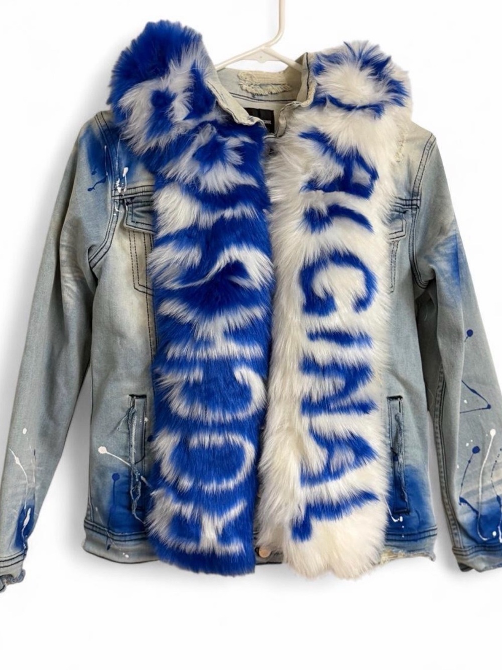 Blue & White Faux Fur Trim Denim Jacket for Women